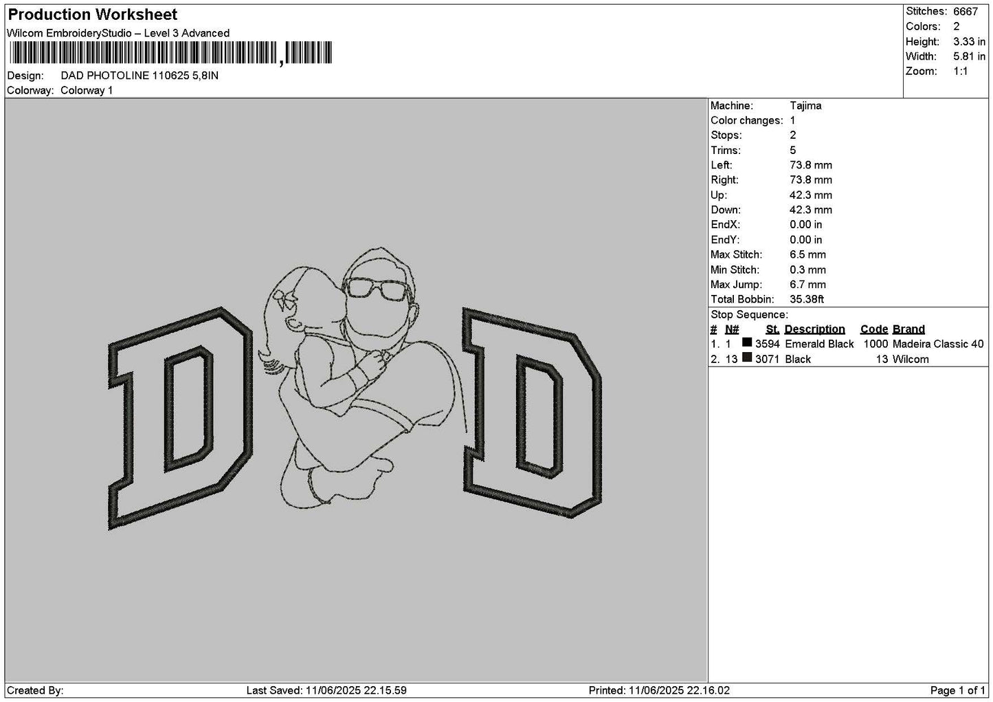 Dad Photoline 1106 Embroidery File 6 sizes