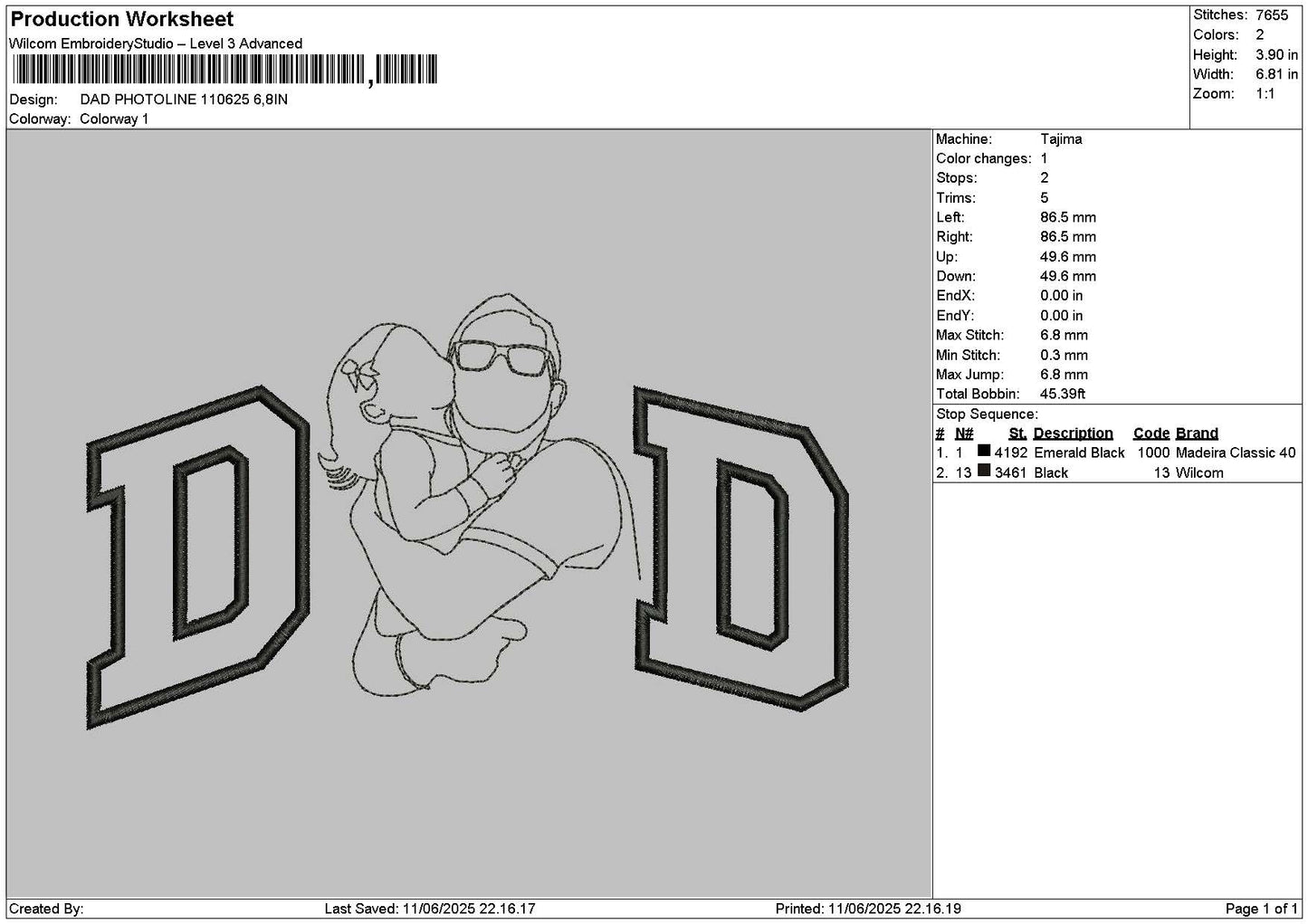 Dad Photoline 1106 Embroidery File 6 sizes