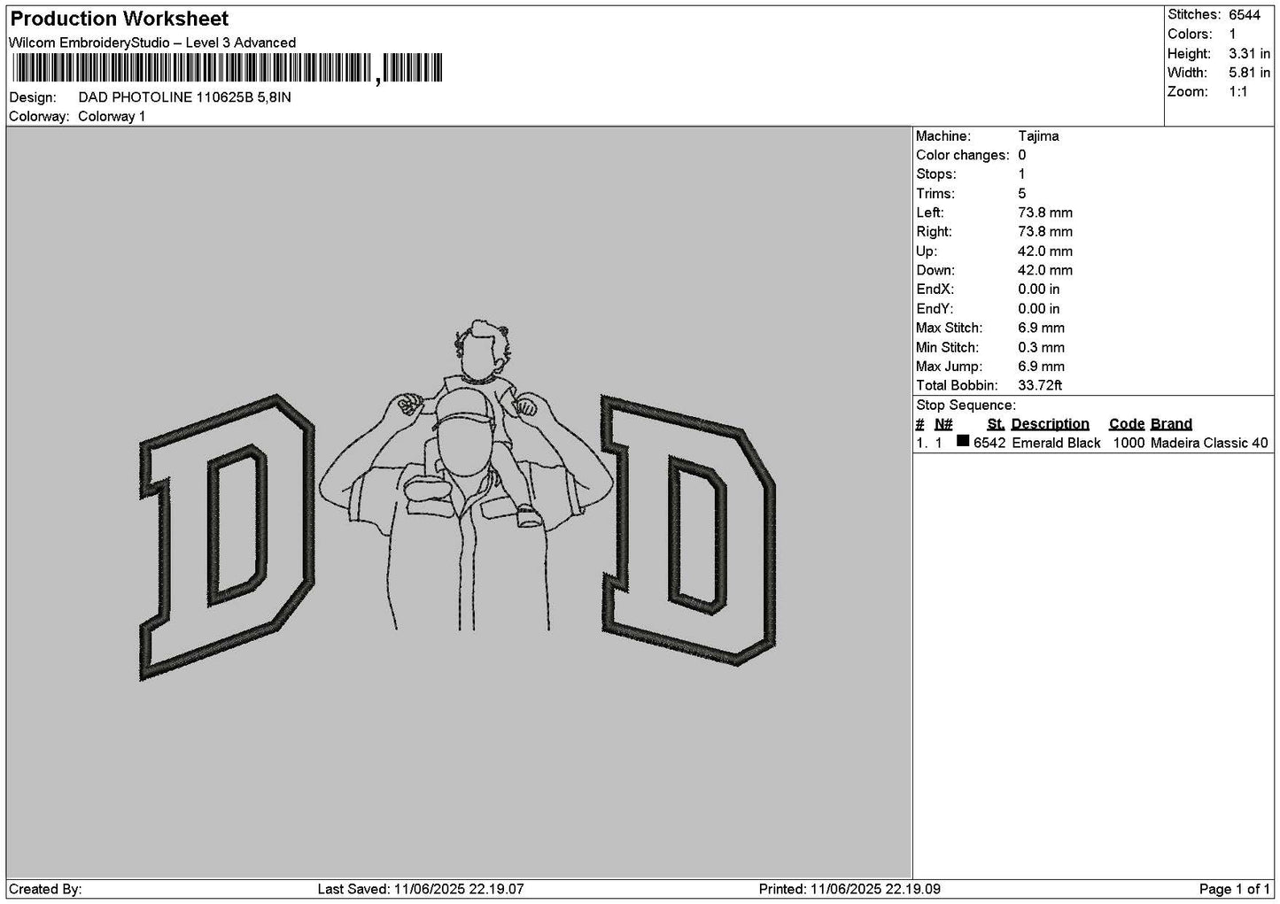Dad Photoline 1106b Embroidery File 6 sizes
