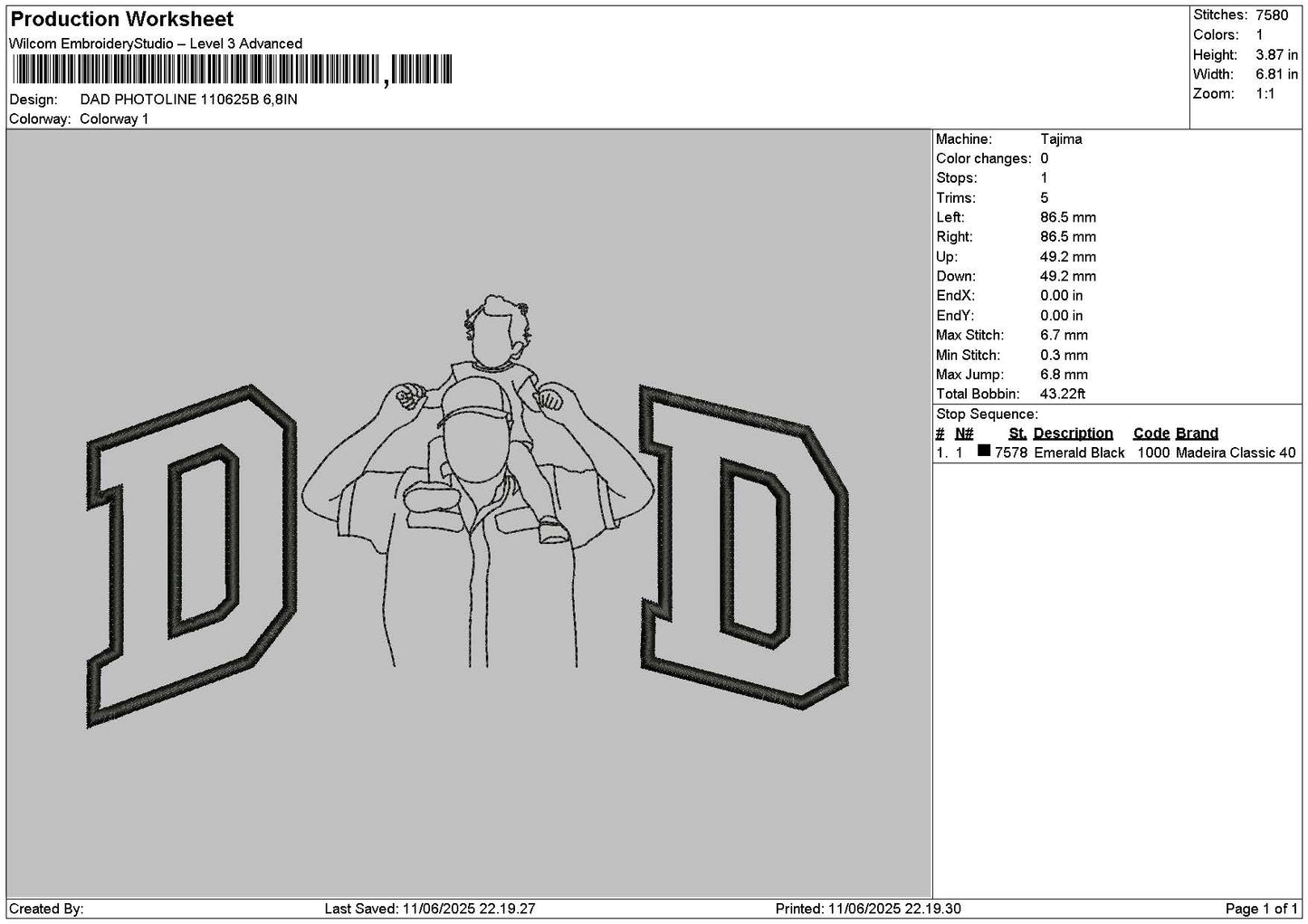 Dad Photoline 1106b Embroidery File 6 sizes