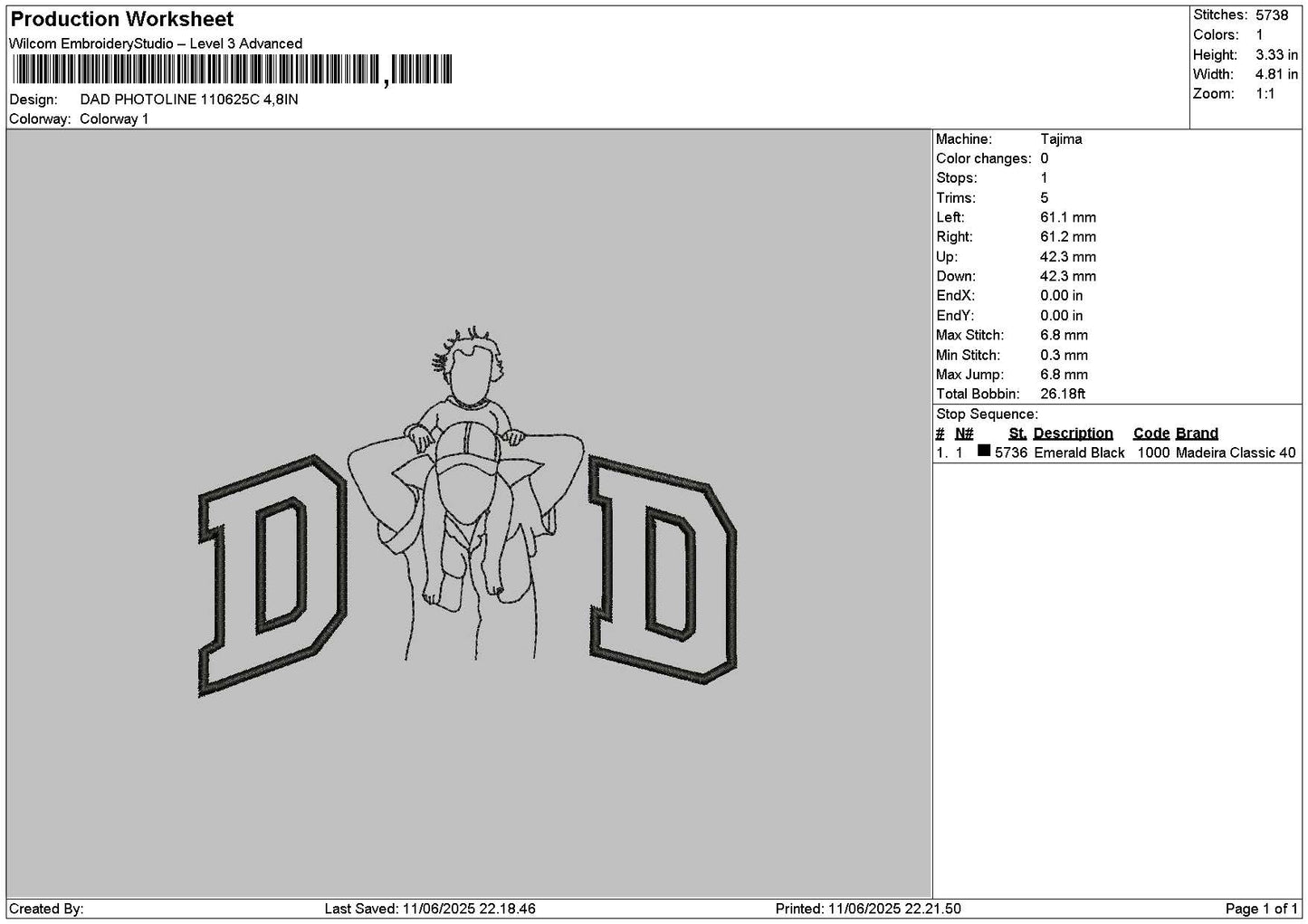 Dad Photoline 1106c Embroidery File 6 sizes