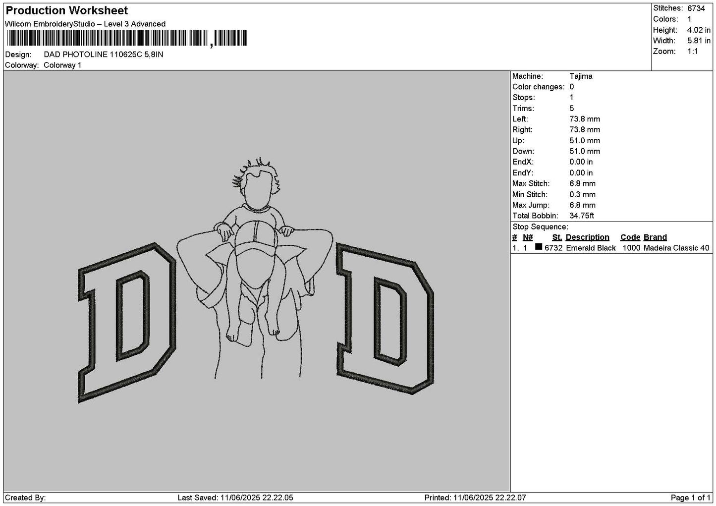 Dad Photoline 1106c Embroidery File 6 sizes