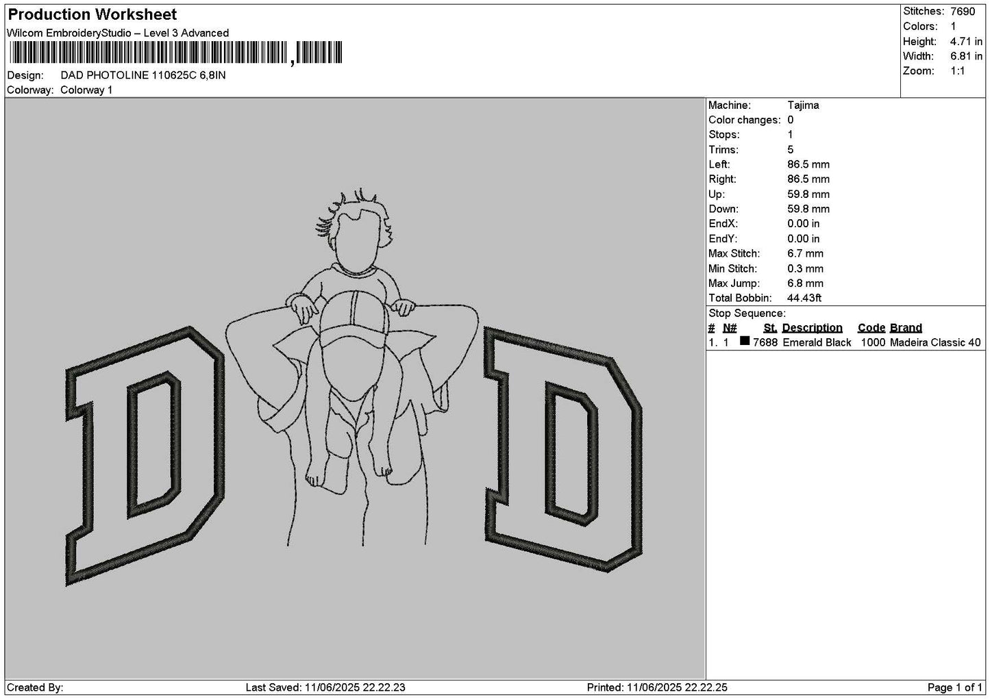 Dad Photoline 1106c Embroidery File 6 sizes