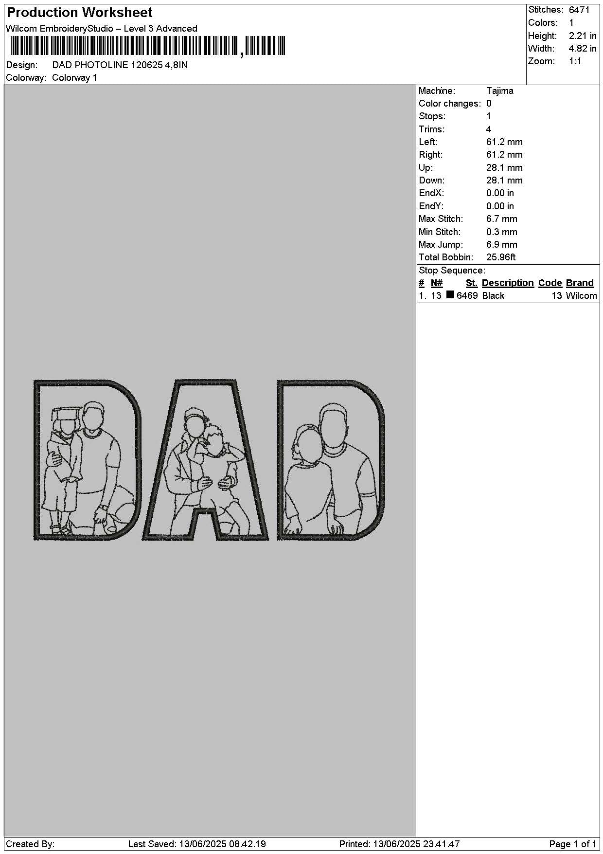 Dad Photoline 1306 Embroidery File 6 sizes
