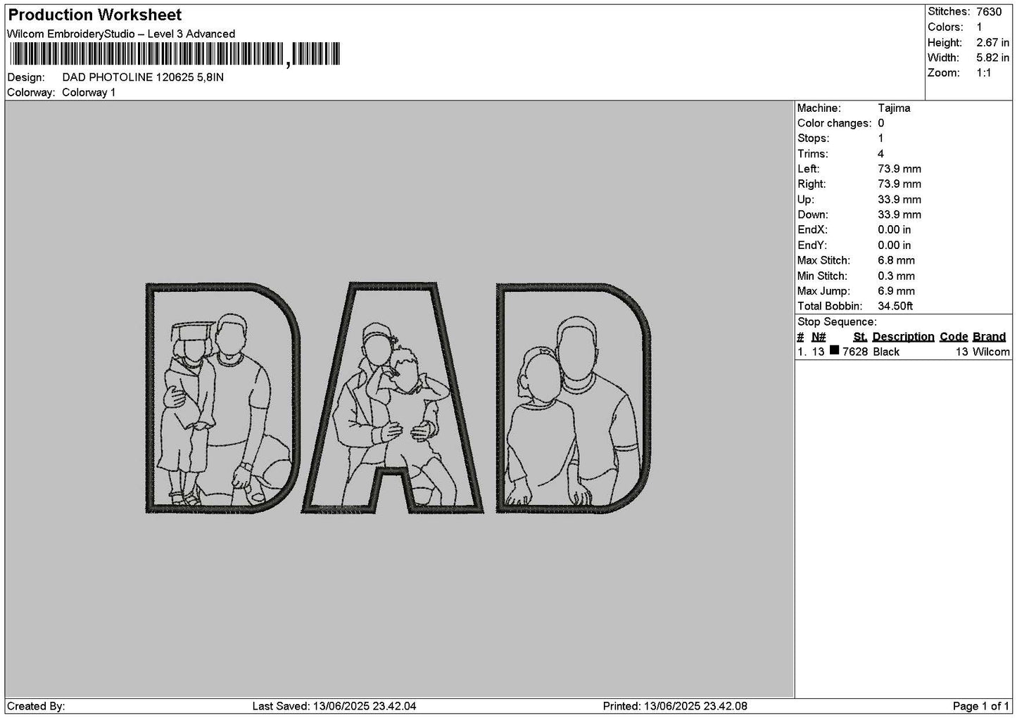 Dad Photoline 1306 Embroidery File 6 sizes