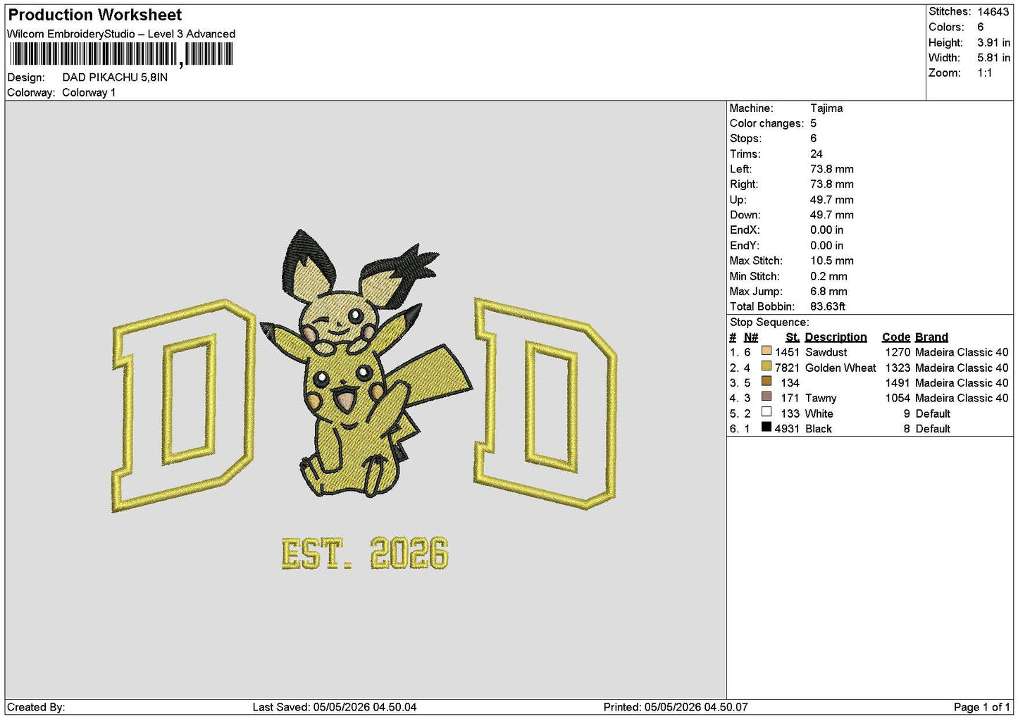 Dad Pika Embroidery File 6 sizes