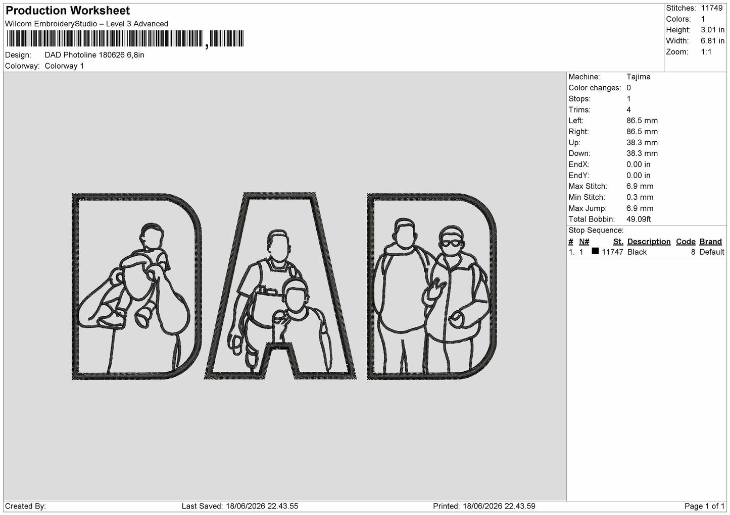 Dad Photoline 1806 Embroidery Machine Design File 6 sizes