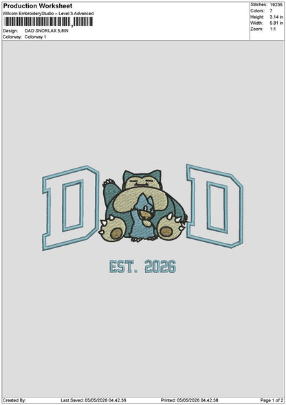 Dad Snorlax Embroidery File 6 sizes
