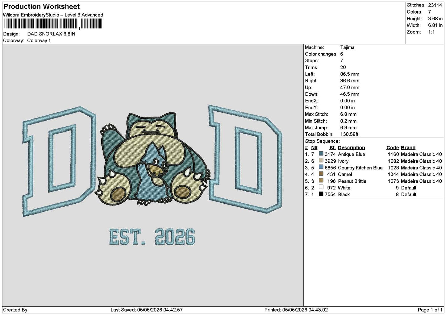 Dad Snorlax Embroidery File 6 sizes