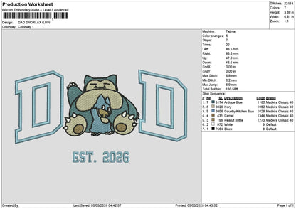 Dad Snorlax Embroidery File 6 sizes