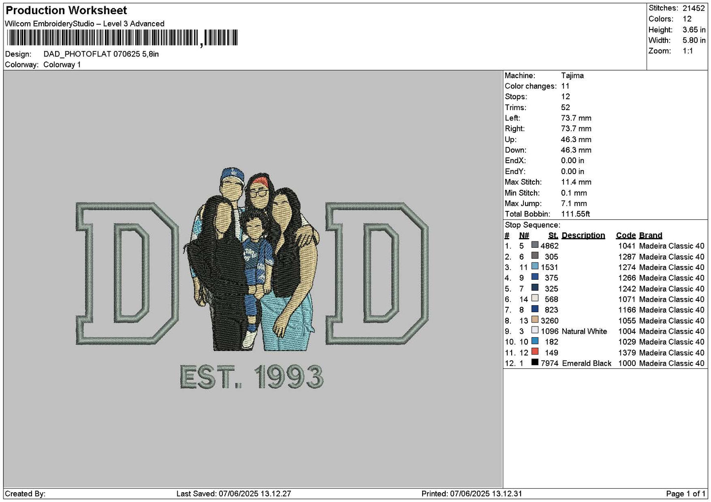 Dad Photoflat 0706 Embroidery File 6 sizes