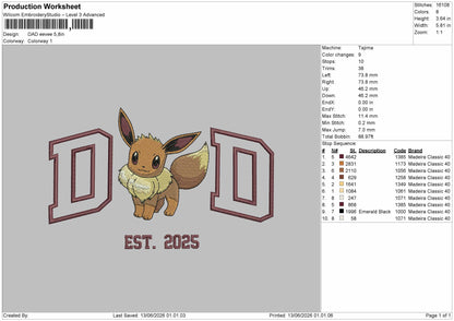 Dad Eevee Embroidery Machine Design File 6 sizes