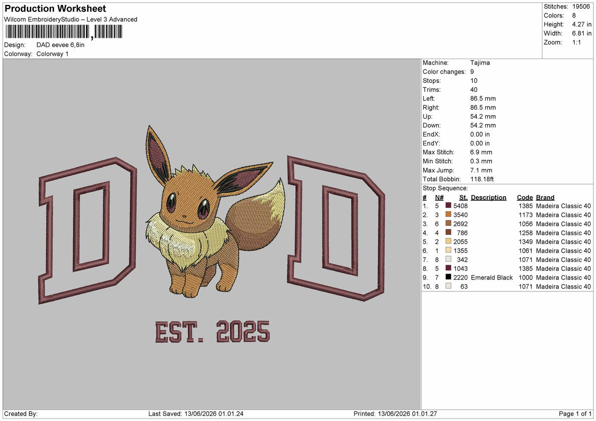 Dad Eevee Embroidery Machine Design File 6 sizes