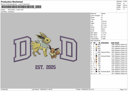 Dad Jolteon V2 Embroidery File 6 sizes