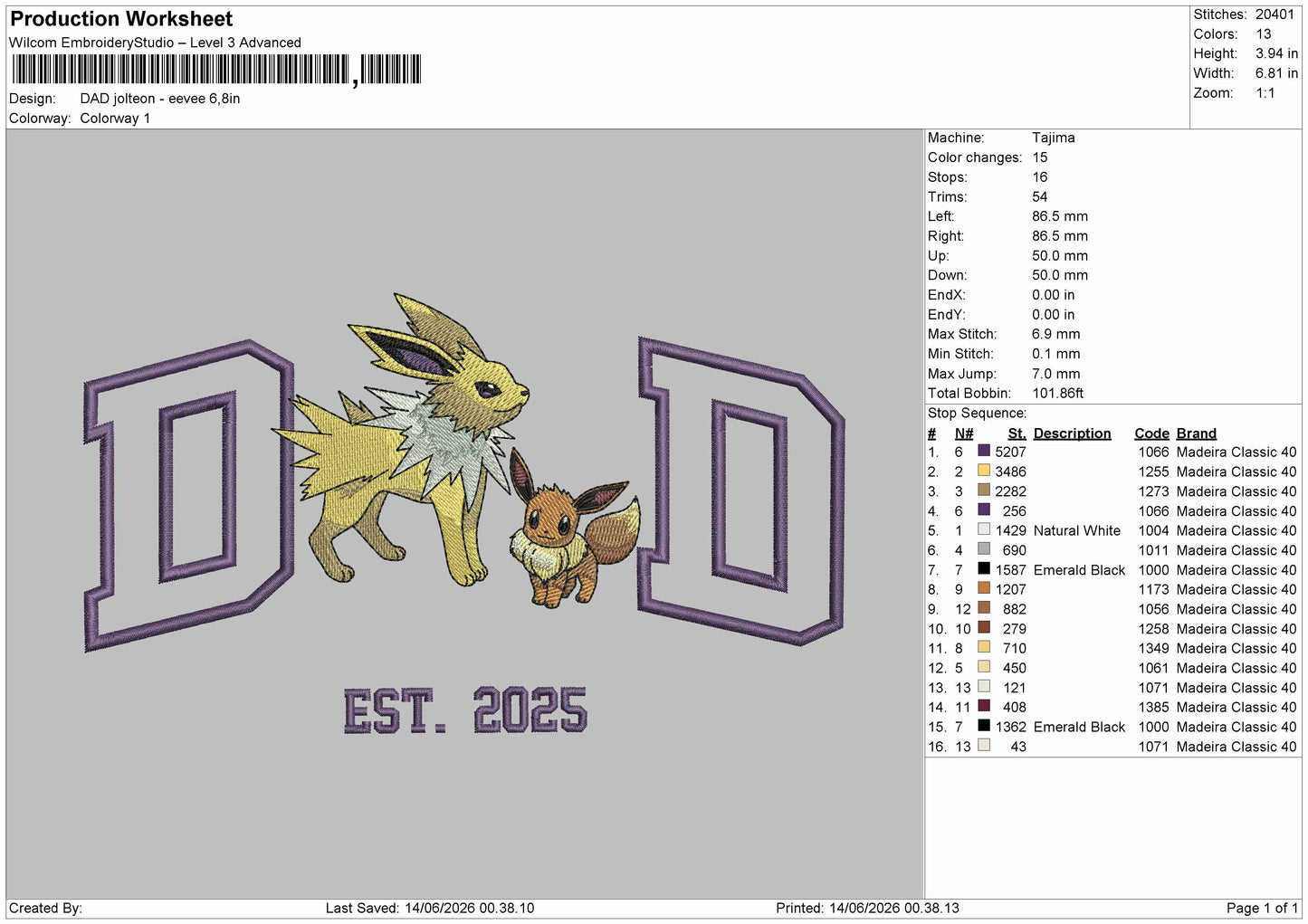 Dad Jolteon V2 Embroidery File 6 sizes