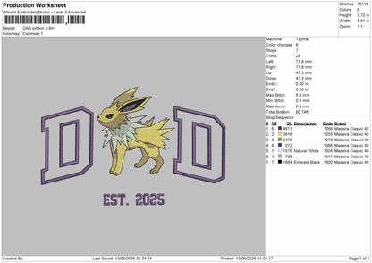 Dad Jolteon Embroidery Machine Design File 6 sizes