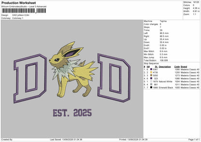 Dad Jolteon Embroidery Machine Design File 6 sizes