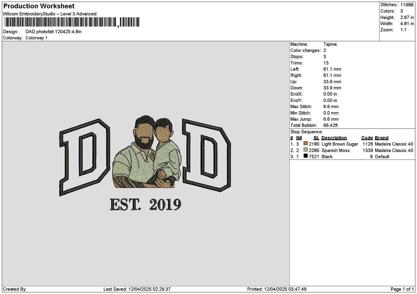 Dad Photoflat 1204 Embroidery File 6 sizes