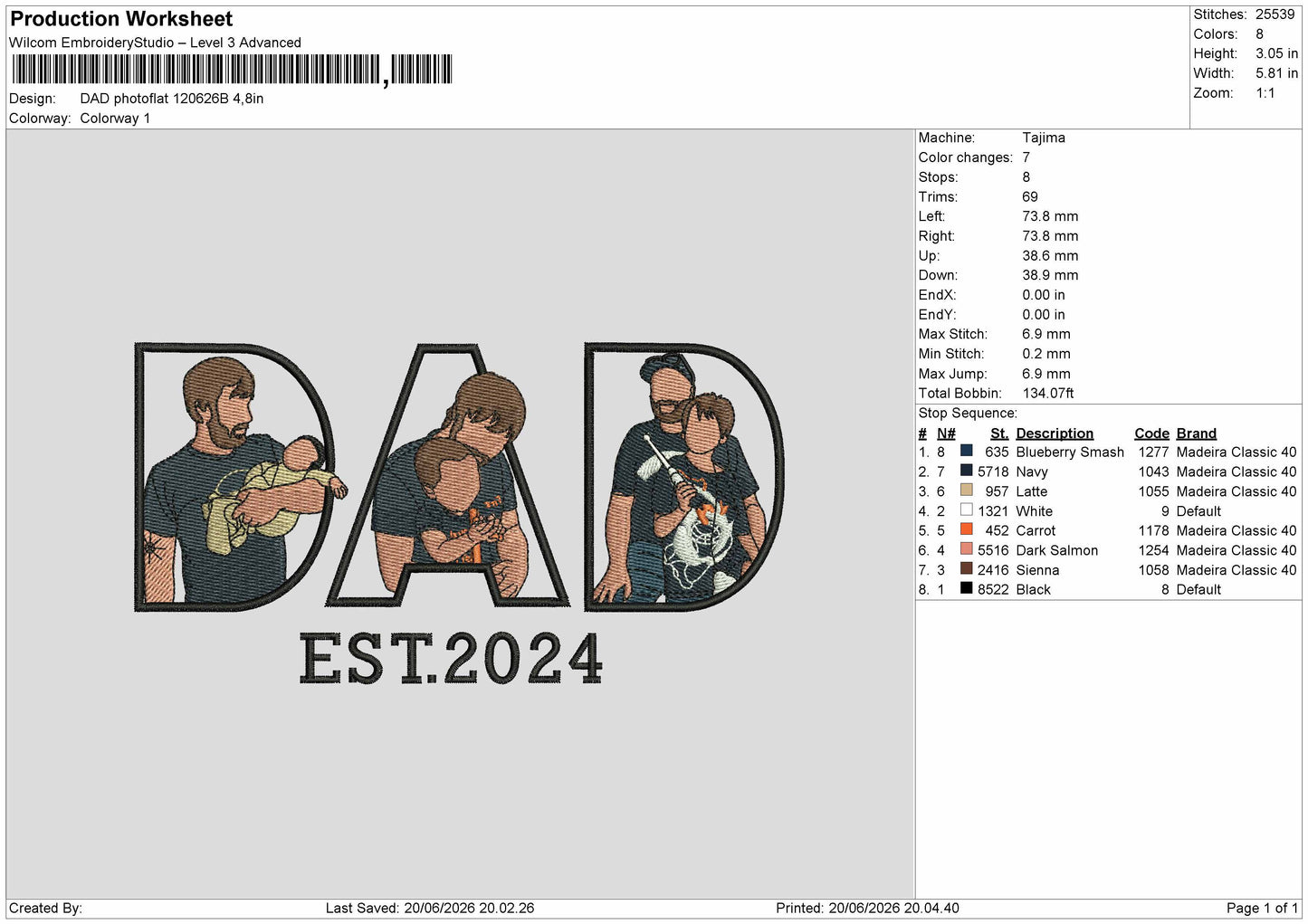 Dad Photoflat 2006b Embroidery Machine Design File 6 sizes
