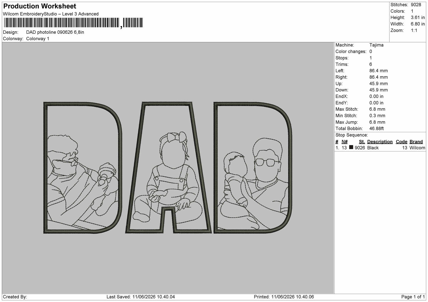 Dad Photoline 0906 Embroidery Machine Design File 6 sizes