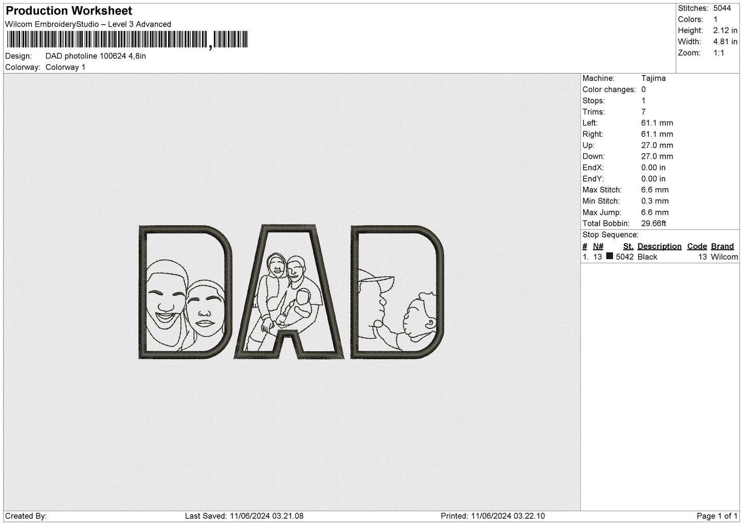Dad Photoline 1024 Embroidery File 6 sizes