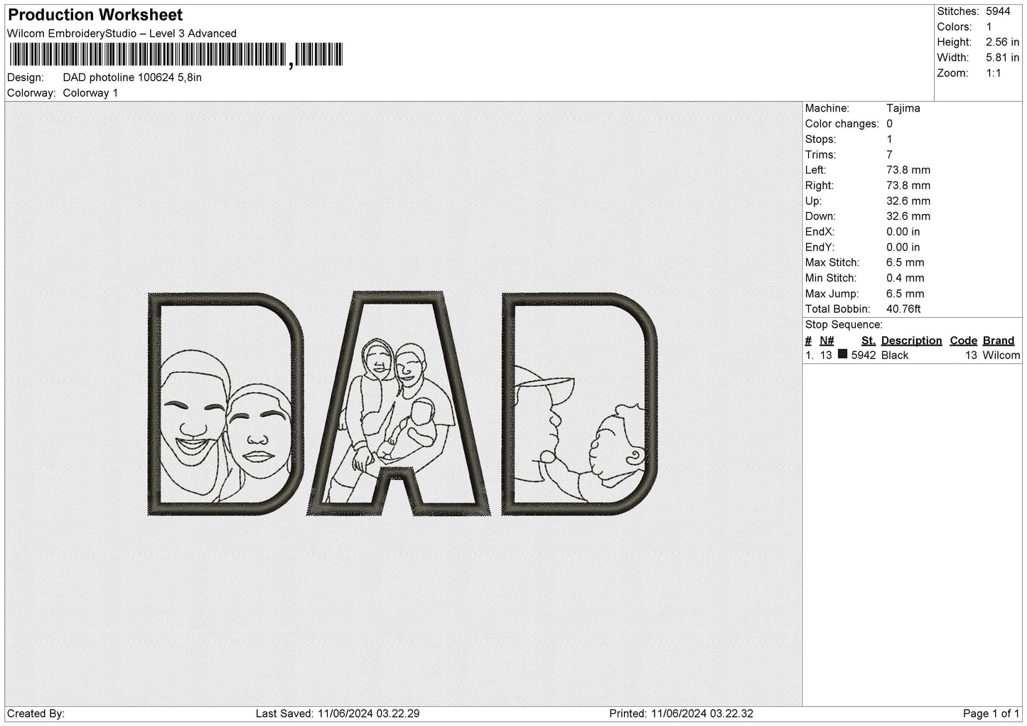 Dad Photoline 1024 Embroidery File 6 sizes