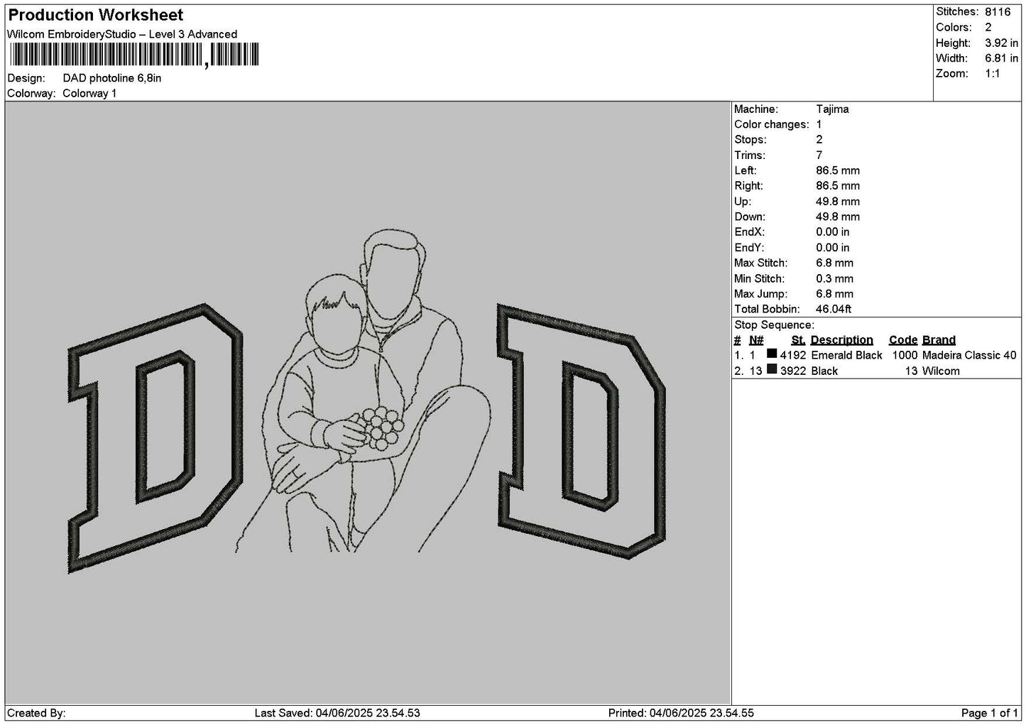 Dad Photoline 0406 Embroidery File 6 sizes
