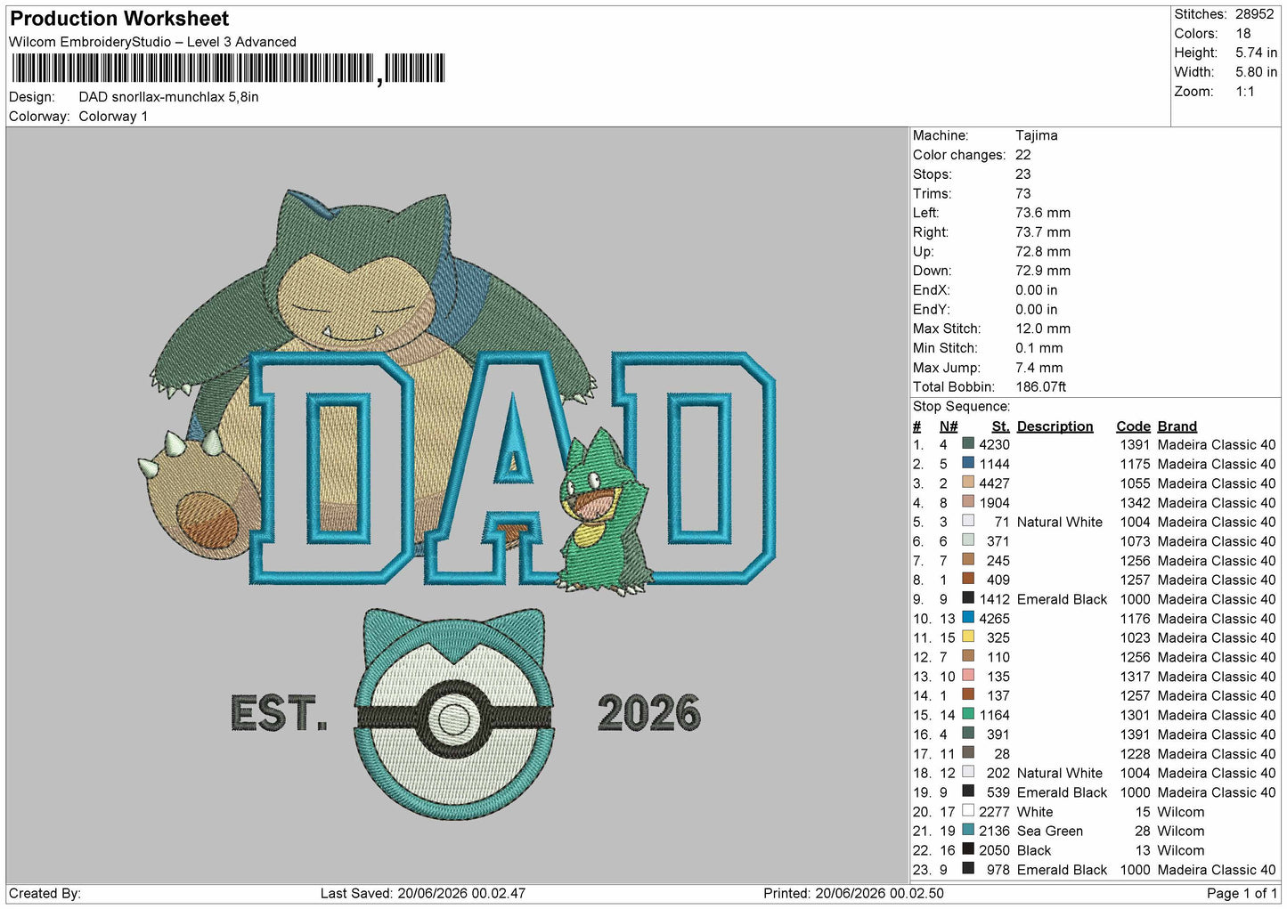 Dad Snorlax 1906 Embroidery Machine Design File 6 sizes