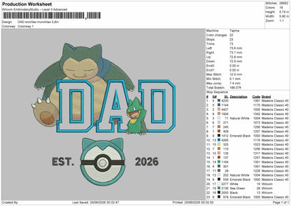 Dad Snorlax 1906 Embroidery Machine Design File 6 sizes