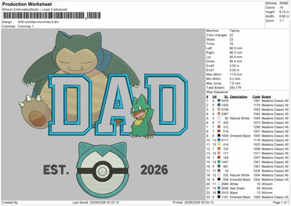 Dad Snorlax 1906 Embroidery Machine Design File 6 sizes