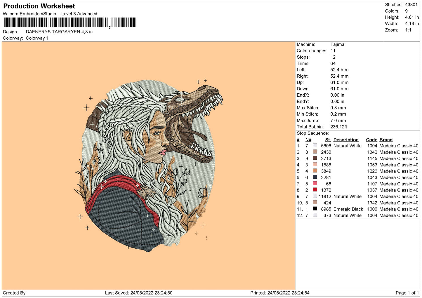 Daenerys Embroidery File 4 size