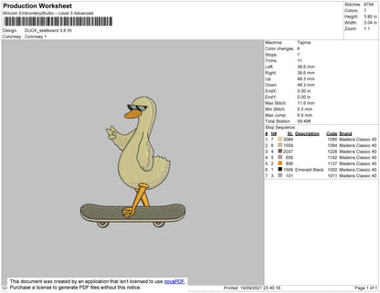 Duck Skateboard Embroidery File 4 size