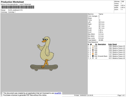 Duck Skateboard Embroidery File 4 size