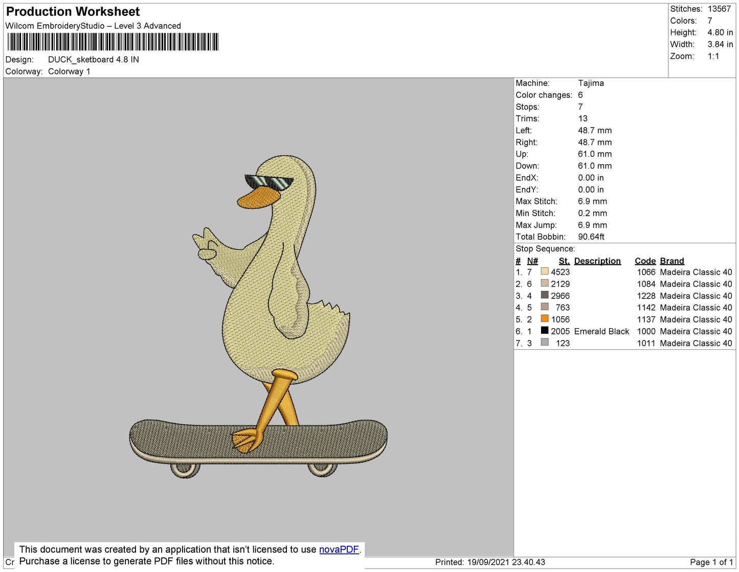 Duck Skateboard Embroidery File 4 size