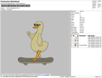 Duck Skateboard Embroidery File 4 size