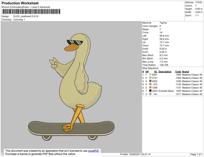 Duck Skateboard Embroidery File 4 size
