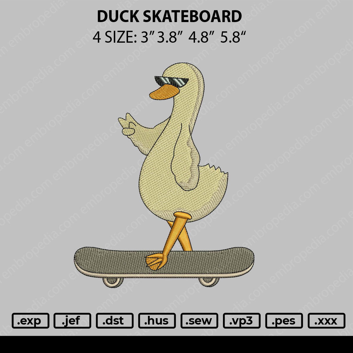 Duck Skateboard Embroidery File 4 size
