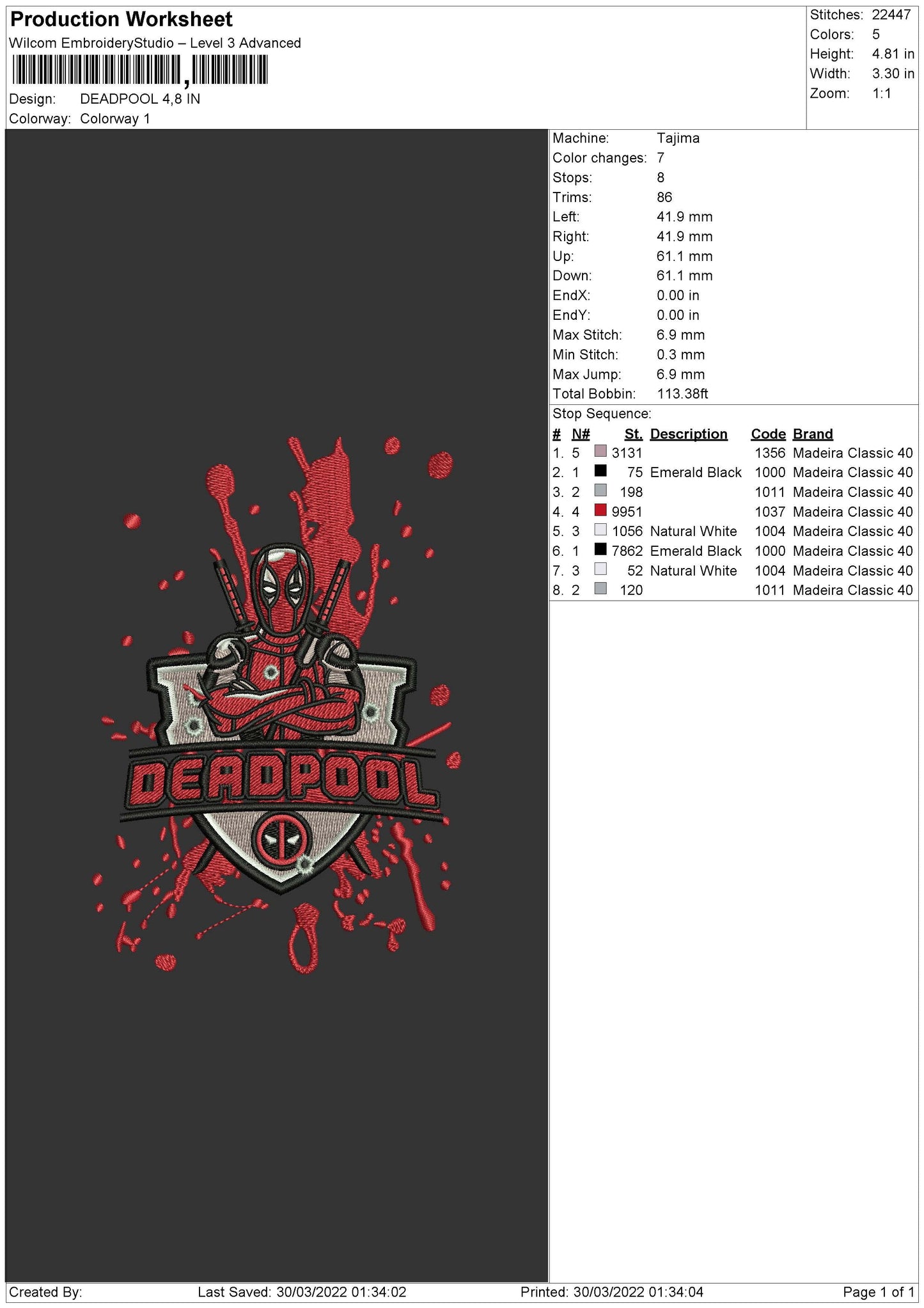 Dead Pool Embroidery File 4 size