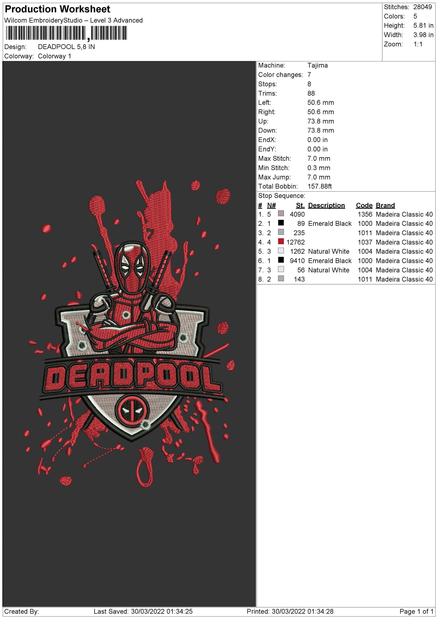 Dead Pool Embroidery File 4 size