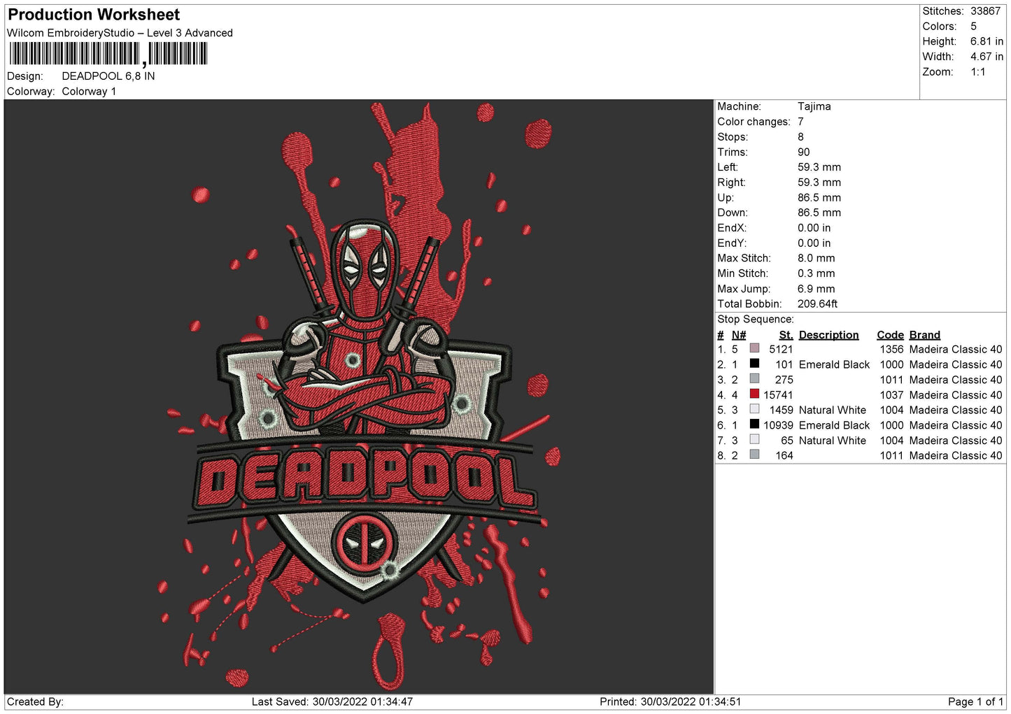 Dead Pool Embroidery File 4 size