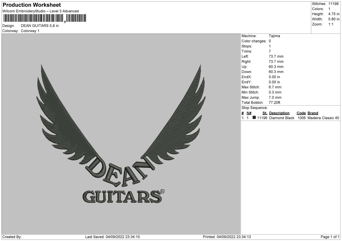 Dean Guitars Embroidery File 5 sizes