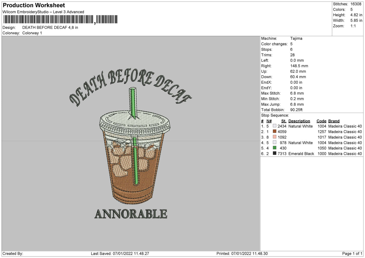 Death Before Decafe Embroidery File 4 size