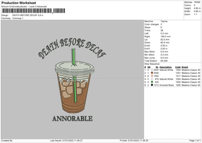 Death Before Decafe Embroidery File 4 size