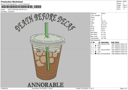 Death Before Decafe Embroidery File 4 size