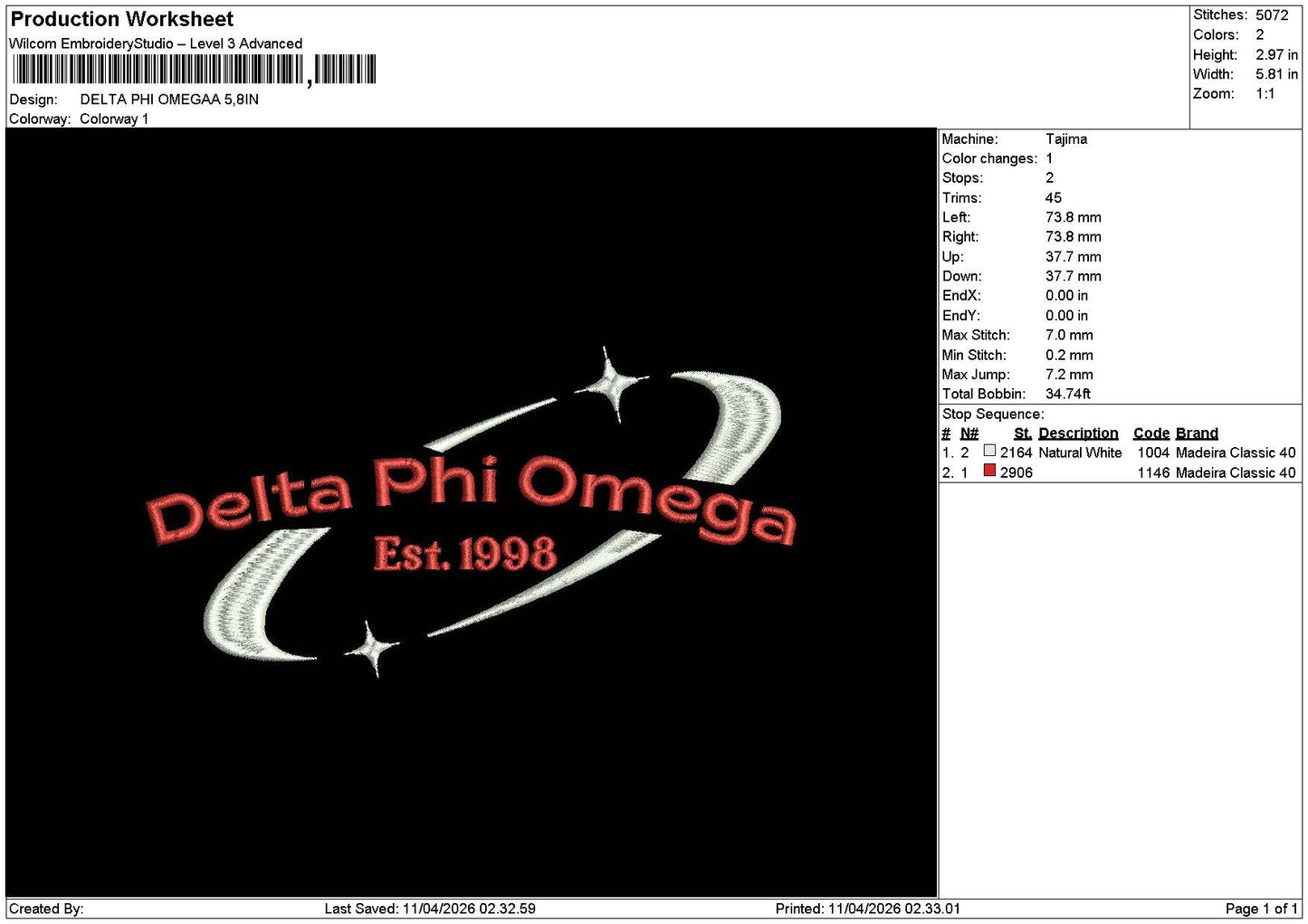 Deltatext 1104b Embroidery File 6 sizes