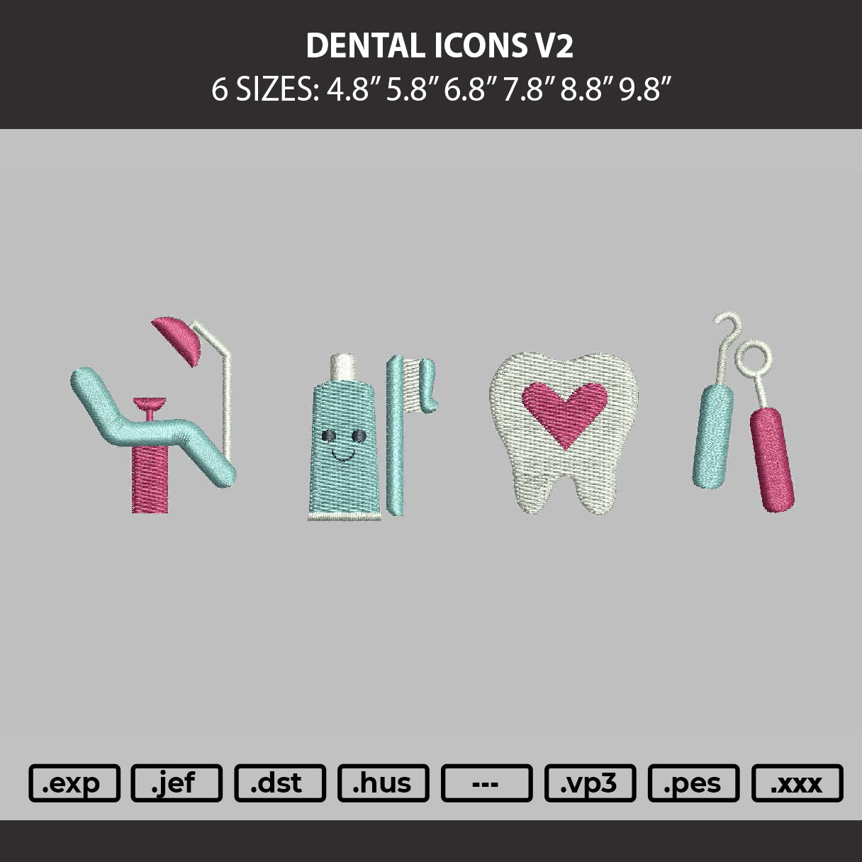 Dental Icons V2 Embroidery Machine Design File 6 sizes