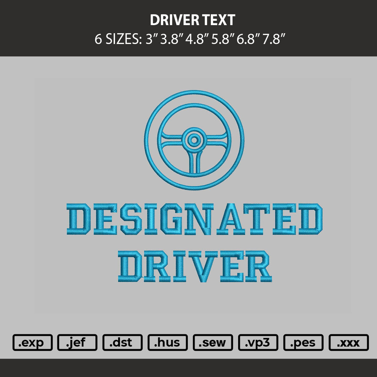Driver Text Embroidery Machine Design File 6 sizes
