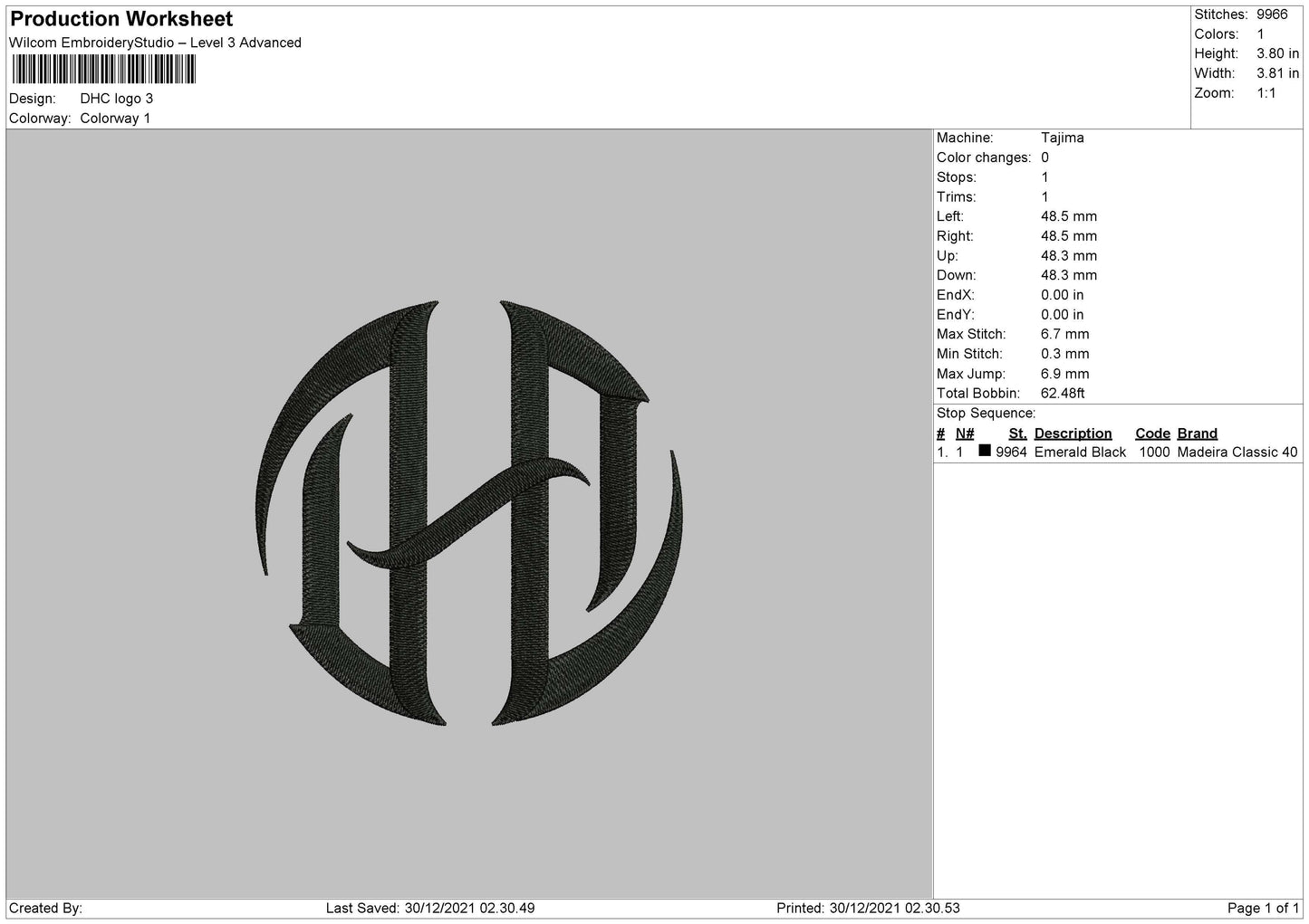 DHC Logo Embroidery File 5 Size