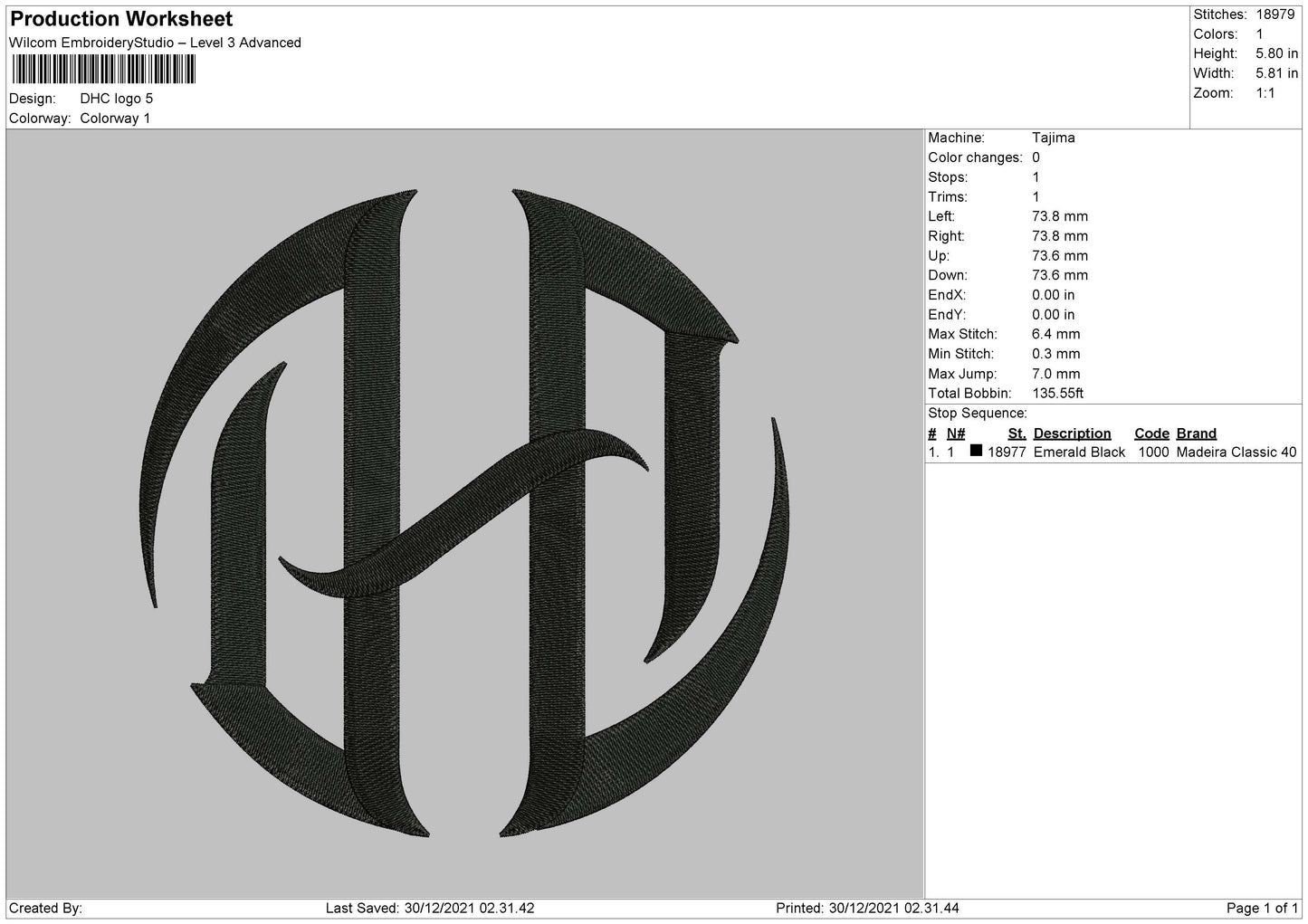 DHC Logo Embroidery File 5 Size