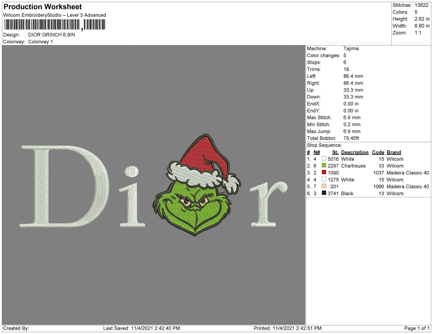 Dior Grinch Embroidery File 4 size